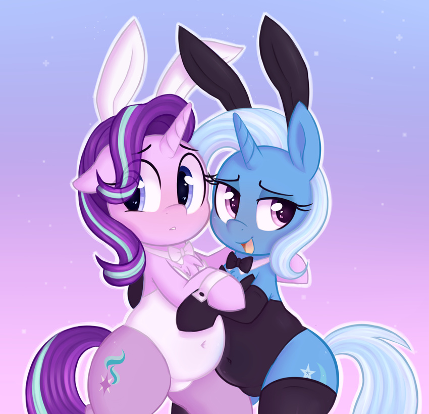 2017 blue_eyes blue_hair bow_tie bunny_costume bunny_ears_(disambiguation) chest_tuft clothing costume cuff_links cutie_mark duo equine eyebrows eyelashes female friendship_is_magic fur hair horn hug legwear mammal multicolored_hair my_little_pony navel open_mouth purple_eyes simple_background slightly_chubby smile starlight_glimmer_(mlp) stockings tongue toroitimu trixie_(mlp) tuft two_tone_hair unicorn