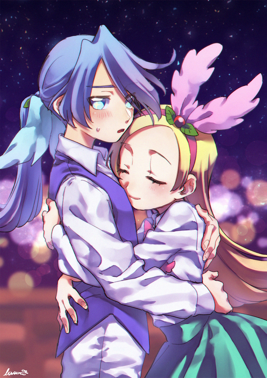 1girl blonde_hair blue_hair brother_and_sister closed_eyes ferea_bimi hairband highres hug kirahoshi_ciel kirakira_precure_a_la_mode kuroki_rio looking_at_viewer pikario_(precure) precure siblings signature smile spoilers sweatdrop vest