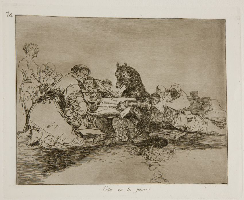 1820 19th_century book canine clenched_teeth clothed clothing crowd etching feathers female francisco_goya fur group hi_res human kneeling license_info loose_feather male mammal nude public_domain quill robe scroll semi-anthro simple_background sitting spanish_text teeth text the_disasters_of_war traditional_media_(artwork) wolf writing_text