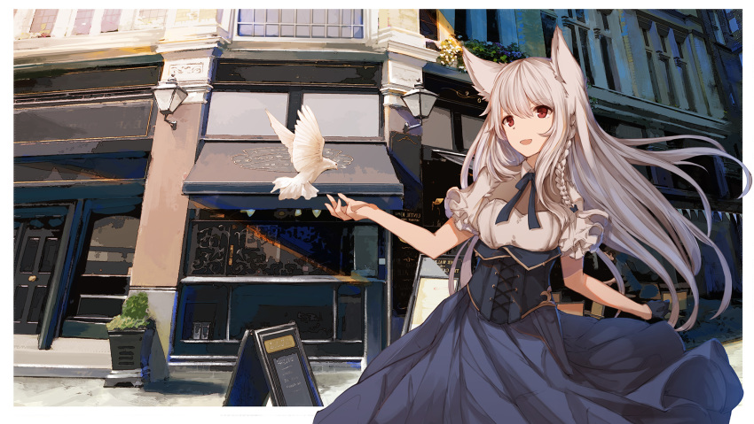 1girl :d animal animal_ears architecture bangs bird black_gloves blue_neckwear blue_skirt braid breasts building cafe collared_shirt day dove eyebrows_visible_through_hair floating_hair fox_ears frilled_sleeves frills gloves hair_between_eyes highres lamp long_hair long_skirt looking_away medium_breasts menu_board neck_ribbon open_mouth original outdoors plant potted_plant red_eyes ribbon sagiri_(ulpha220) shirt short_sleeves sidelocks silver_hair single_glove skirt smile solo standing underbust white_shirt window