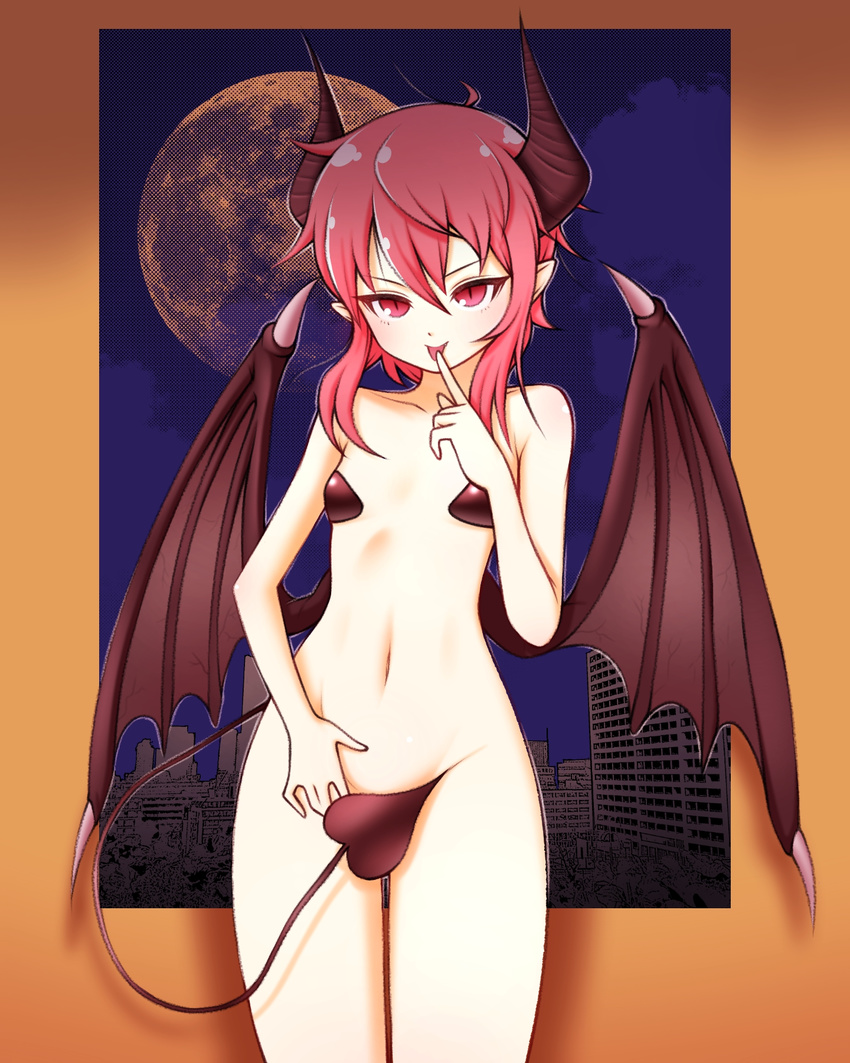 blush border bottomless breasts bridgeless_bra building closed_mouth collarbone covering covering_crotch cowboy_shot demon_girl demon_horns demon_tail demon_wings eron finger_to_mouth full_moon groin hair_between_eyes head_tilt highres horns looking_at_viewer low_wings messy_hair moon navel night orange_background original outside_border pointy_ears red_eyes red_hair short_hair_with_long_locks silhouette slit_pupils small_breasts smile solo standing tail tongue tongue_out tsurime v-shaped_eyebrows wings