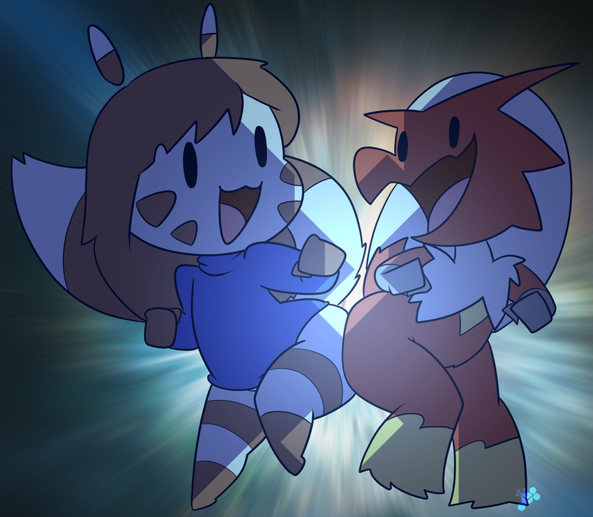 blaziken butt_bump chibi clothing duo explosion female furret happy hip_check kori_(potoobrigham) nintendo pok&eacute;mon pok&eacute;mon_(species) potoobrigham smile sweater video_games