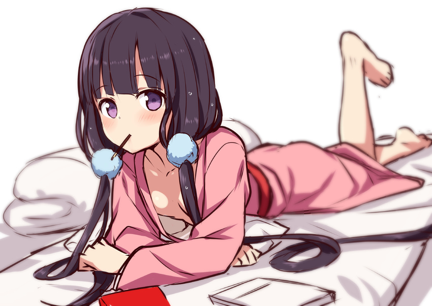 bangs barefoot blend_s blunt_bangs blurry blurry_background blush breasts commentary_request depth_of_field eyebrows_visible_through_hair food hiraga_matsuri japanese_clothes kimono long_hair long_sleeves looking_at_viewer low_twintails lying mouth_hold naked_kimono no_bra on_stomach pocky purple_eyes purple_hair sakuranomiya_maika simple_background small_breasts solo towel twintails very_long_hair white_background