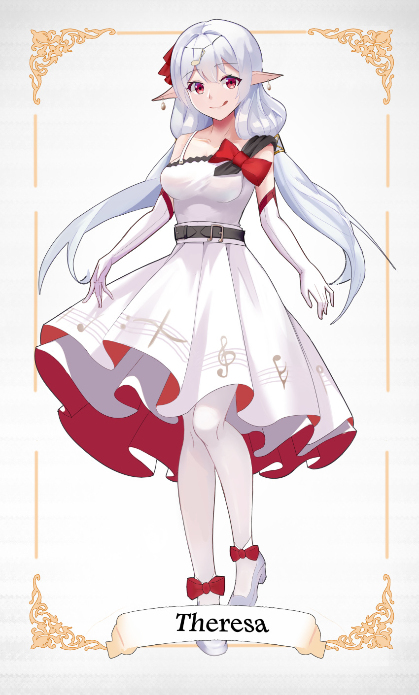 1girl :q absurdres alternate_costume benghuai_xueyuan bow character_name chinese_commentary dress earrings elbow_gloves eyebrows_visible_through_hair full_body gloves highres honkai_impact jewelry long_hair looking_at_viewer low_twintails musical_note musical_note_print pantyhose pointy_ears red_eyes silver_hair solo standing theresa_apocalypse tongue tongue_out twintails white_background white_dress white_footwear white_gloves white_legwear zhongwu_chahui