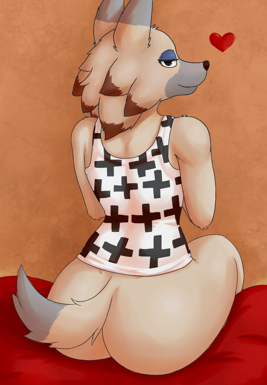&lt;3 animal_crossing anthro bare_shoulders bottomless brown_fur butt canine clothed clothing cooliehigh eyeshadow female fur looking_back makeup mammal nintendo sitting solo video_games vivian_(animal_crossing) wolf