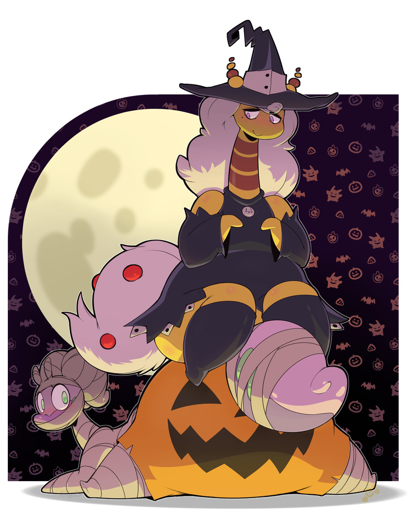 amelia_(xingscourge) blush costume duo female food fruit goodra halloween holidays kiwi_(potoobrigham) looking_back magic_user mega_ampharos mega_evolution moon mummy nintendo pok&eacute;mon pok&eacute;mon_(species) potoobrigham pumpkin sitting slightly_chubby smile soul_eater undead video_games witch xingscourge