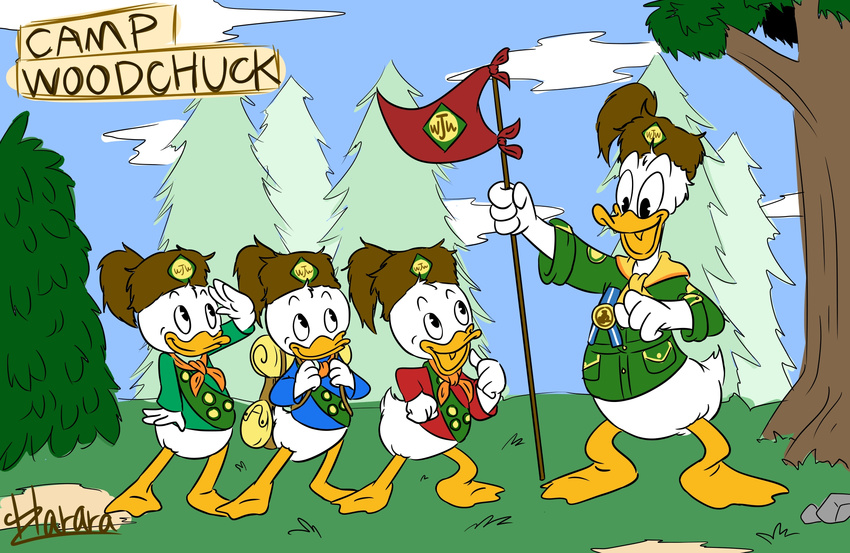 4_fingers anthro avian bird bottomless boy_scout clothed clothing dewey_duck digital_drawing_(artwork) digital_media_(artwork) disney donald_duck duck feathers flag grass group harara hat hi_res holding_object huey_duck looking_at_another looking_down looking_up louie_duck neckerchief open_mouth open_smile pine_tree rock salute scouts signature sky smile standing tail_feathers tree webbed_feet white_feathers
