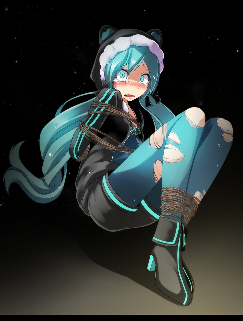 absurdres aqua_eyes aqua_hair aqua_legwear bad_id bad_pixiv_id bdsm blush bondage bound constricted_pupils crying full_body green_pompoko_(module) hatsune_miku highres kunoichi_demo_koi_ga_shitai_(vocaloid) long_hair pantyhose project_diva_(series) project_diva_x restrained solo torn_clothes torn_legwear tsukishiro_saika vocaloid wavy_mouth