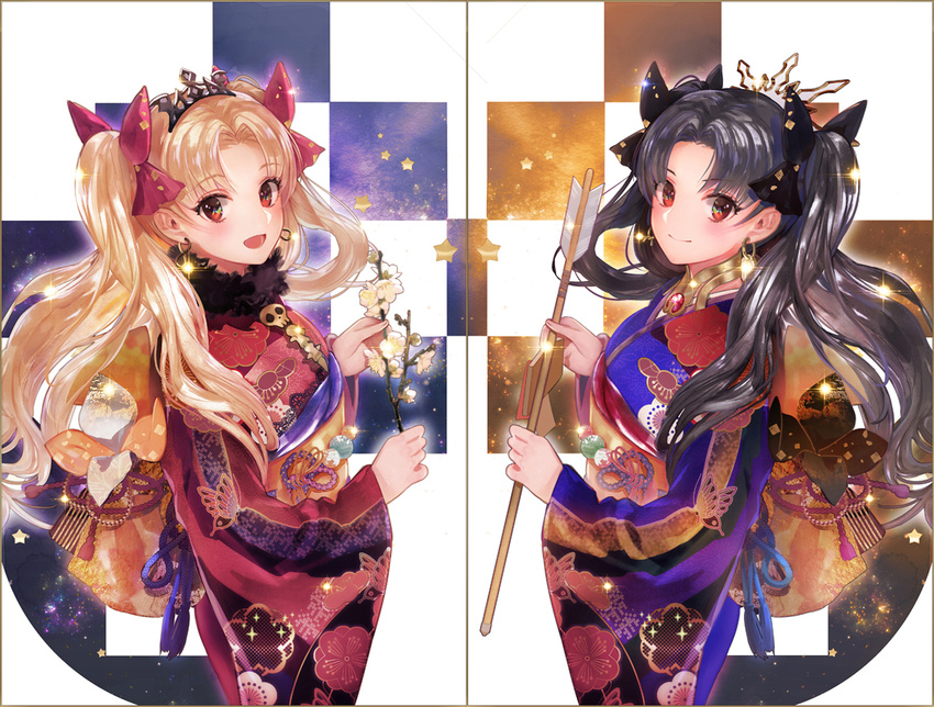 :d black_bow black_hair blonde_hair bow closed_mouth commentary_request cowboy_shot crown earrings ereshkigal_(fate/grand_order) eyebrows_visible_through_hair fate/grand_order fate_(series) from_side fur_collar hair_bow holding ishtar_(fate/grand_order) japanese_clothes jewelry kimono long_hair long_sleeves looking_at_viewer looking_to_the_side md5_mismatch multiple_girls obi open_mouth red_bow red_eyes revision sash shutsuri smile standing symmetry twintails wide_sleeves