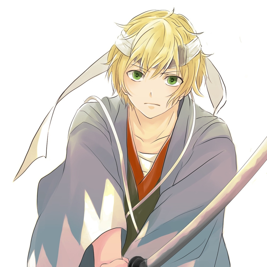 1girl aoharu_x_kikanjuu blonde_hair forehead_protector green_eyes haori headband japanese_clothes katana kimono reverse_trap shinsengumi sword tachibana_hotaru white_background