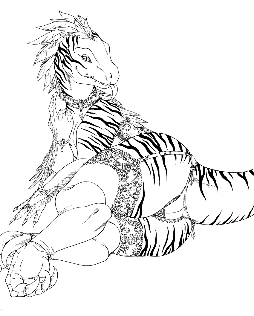 black_and_white choker clothing corset dinosaur feathers female feral hi_res legwear lingerie longinius looking_at_viewer lying monochrome panties sabryne simple_background solo stockings theropod tongue tongue_out underwear utahraptor white_background