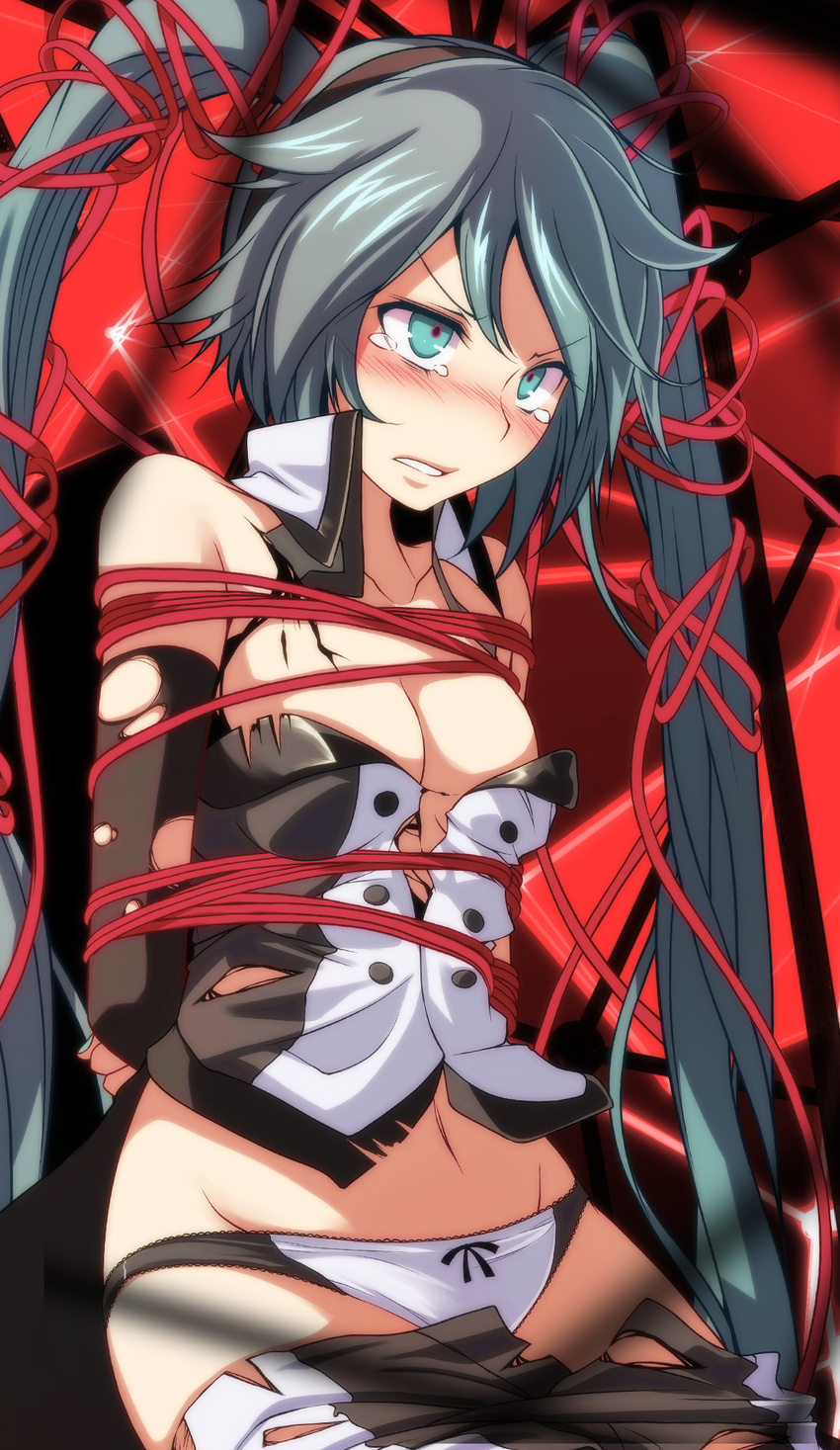 alternate_hair_color aqua_eyes aqua_nails bare_shoulders bdsm blush bondage bound bow bow_panties breasts cable cleavage cowboy_shot crying detached_sleeves groin hatsune_miku highres long_hair nail_polish nijigen_dream_fever_(vocaloid) panties project_diva_(series) project_diva_f_2nd shirt skirt small_breasts solo torn_clothes torn_shirt torn_skirt torn_sleeves tsukishiro_saika twintails underwear very_long_hair vocaloid