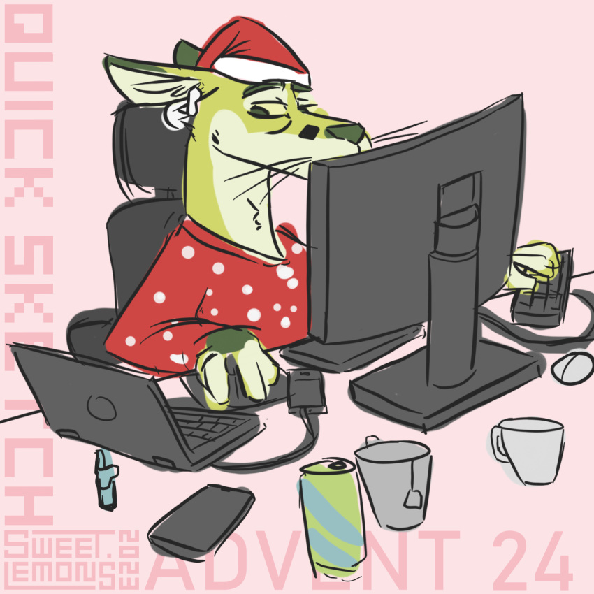 2023 anthro beverage cable christmas christmas_clothing christmas_decorations christmas_headwear clothed clothing coffee computer container cup dark_body dark_fur dark_nose digital_drawing_(artwork) digital_media_(artwork) digital_painting_(artwork) electronics energy_drink eyebrows festive fingers fur fur_markings green_body green_fur hat headgear headphones headwear hi_res holidays inner_ear_fluff keyboard laptop lemon_(sweet.lemons) light_body light_fur long_ears male mammal markings phone pink_background red_clothing red_topwear santa_hat shaded signature simple_background simple_coloring simple_eyes simple_shading sitting snout solo spots sweater sweet.lemons tan_body tan_fur tea topwear tuft whiskers working yellow_eyes