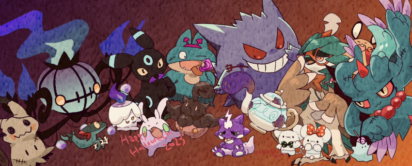 2023 alternate_color animal_focus artist_name bird black_fur candle chandelure colored_sclera colored_skin commentary_request decidueye dedenne ditto dreepy facial_mark fangs fire floating flutter_mane forehead_mark gengar goomy gradient_background green_skin grin happy_halloween highres litwick mimikyu no_humans one_eye_closed open_mouth orange_background owl pokemon pokemon_(creature) polteageist pumpkaboo purple_background purple_fire purple_skin red_eyes red_sclera shiny_pokemon slit_pupils smile solid_oval_eyes stitches tail tandemaus teeth tongue tongue_out twitter_username two-tone_background umbreon wavy_mouth yellow_eyes zozozoshion