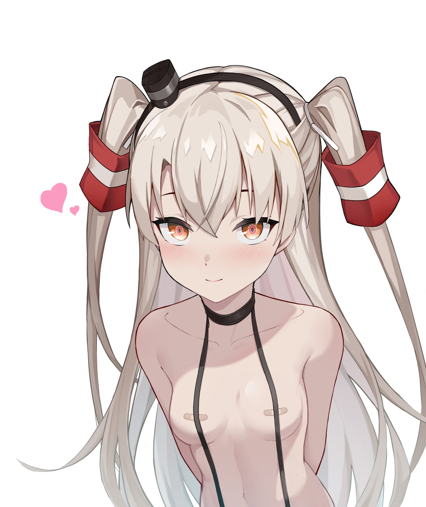 1girl absurdres amatsukaze_(kancolle) angao arms_behind_back bandaid bandaids_on_nipples black_choker black_hairband blush breasts chinese_commentary choker commentary_request eyebrows_hidden_by_hair grey_hair hair_tubes hairband heart highres kantai_collection long_hair naked_suspenders navel orange_eyes pasties small_breasts smokestack_hair_ornament solo suspenders two_side_up upper_body very_long_hair