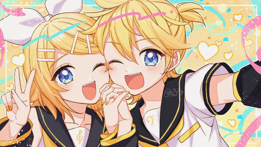 1boy 1girl absurdres bare_shoulders black_sailor_collar blonde_hair blue_eyes border bow fang hair_bow hair_ornament hairclip happy heart highres holding_hands kagamine_len kagamine_rin looking_at_viewer necktie one_eye_closed open_mouth sailor_collar senotarou short_hair short_ponytail siblings signature twins v vocaloid white_border white_bow yellow_background yellow_nails yellow_necktie