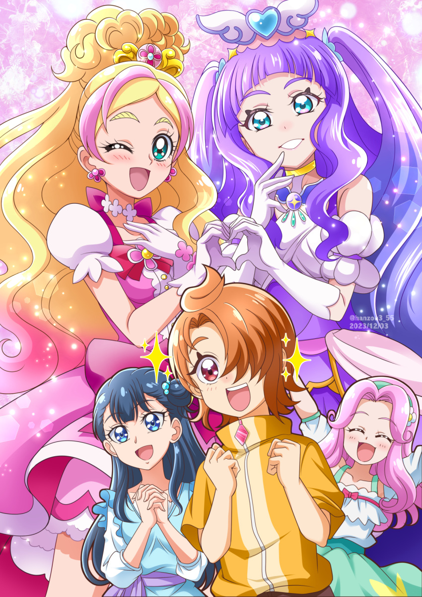 1boy 4girls :d ;d aqua_eyes arms_up blonde_hair blue_dress blue_eyes blue_hair brooch clenched_hands closed_eyes clothing_cutout commentary cure_flora cure_majesty dated dress earrings ellee-chan gloves go!_princess_precure green_hairband green_skirt grin hair_bun hair_over_one_eye hairband half_updo hanami_kotoha hanzou haruno_haruka heart heart_hands highres hirogaru_sky!_precure in-franchise_crossover jewelry light_particles long_hair magical_girl mahou_girls_precure! multicolored_hair multiple_girls one_eye_closed open_mouth own_hands_together pink_dress pink_hair precure precure_all_stars_f purple_dress purple_hair red_eyes shirt short_hair short_sleeves shoulder_cutout single_side_bun skirt smile sparkle streaked_hair tiara twitter_username two-tone_hair white_gloves white_shirt wing_brooch wing_hair_ornament yakushiji_saaya yellow_shirt yuunagi_tsubasa