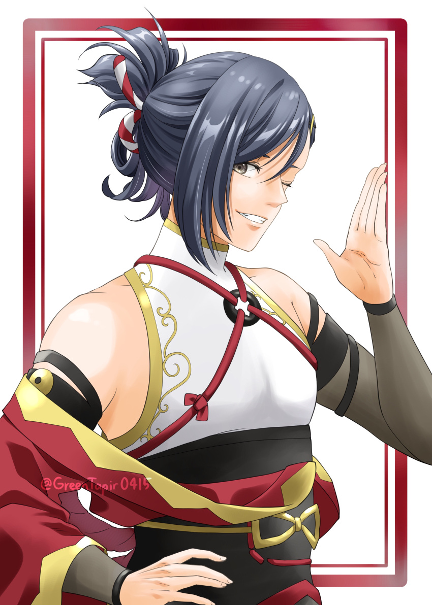 1boy absurdres artist_name bare_shoulders blue_hair border commentary_request fire_emblem fire_emblem_engage hair_intakes half_updo hand_on_own_hip highres kagetsu_(fire_emblem) male_focus medium_hair midori_no_baku red_border simple_background solo twitter_username upper_body white_background