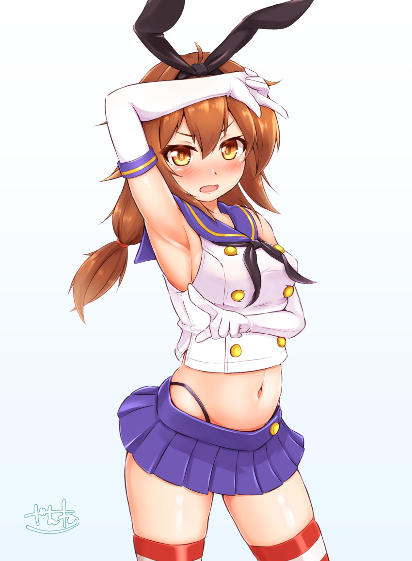 1girl arm_up armpits black_hairband black_neckerchief black_panties blue_sailor_collar blue_skirt breasts brown_eyes brown_hair cosplay crop_top elbow_gloves gloves hair_between_eyes hairband highleg highleg_panties highres kantai_collection long_hair looking_at_viewer medium_breasts microskirt midriff navel neckerchief panties pleated_skirt sailor_collar shimakaze_(kancolle) shimakaze_(kancolle)_(cosplay) shiratsuyu_(kancolle) shiratsuyu_kai_ni_(kancolle) skirt sleeveless solo striped striped_thighhighs thighhighs thong underwear white_gloves zanne