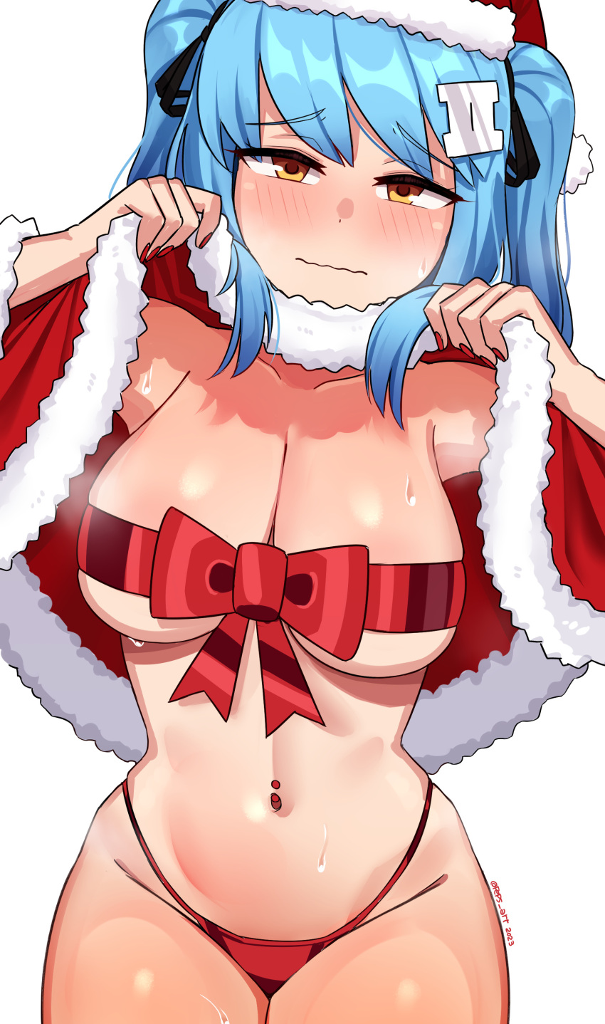 1girl absurdres bikini blue_hair blush breasts capelet cleavage closed_mouth collarbone embarrassed frown hat highres large_breasts looking_at_viewer navel_piercing orange_eyes original peps_art piercing red_bikini red_capelet red_nails red_ribbon ribbon ribbon_bra santa_hat simple_background solo sweat swimsuit twintails white_background