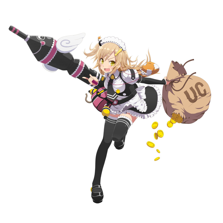 absurdres apron blonde_hair cbu_jp coin cosmic_break fang gun highres holding holding_gun holding_weapon long_hair maid maid_apron maid_headdress money_bag monica_gold necktie official_art open_mouth smile thighhighs weapon yellow_eyes