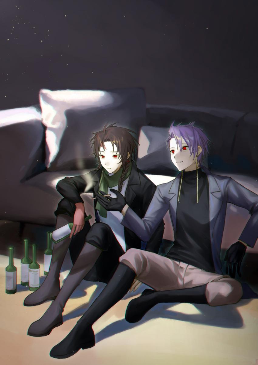 2boys absurdres beer_bottle black_coat black_footwear black_gloves black_pants black_sweater boots bottle braid brown_footwear brown_hair brown_pants chinese_commentary cigarette coat commentary_request couch earrings gloves green_scarf grey_coat harada_minoru highres holding holding_bottle holding_cigarette indoors jewelry kyoko_(akakikyoko) light_particles male_focus multiple_boys on_floor open_clothes open_coat pants purple_hair red_eyes saibou_shinkyoku scar scar_on_face scar_on_forehead scarf shirt short_hair side_braid single_braid sitting smile smoke sweater theodore_riddle turtleneck turtleneck_sweater white_shirt