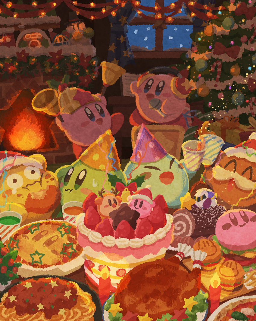 blue_eyes burger cake candy candy_cane christmas christmas_ornaments christmas_tree closed_eyes commentary cup drink fire fireplace food garland_(decoration) green_eyes hat highres holding holding_cup kirby kirby_(series) miclot party_hat pasta pizza snowing spaghetti swiss_roll turkey_(food) waddle_dee wind