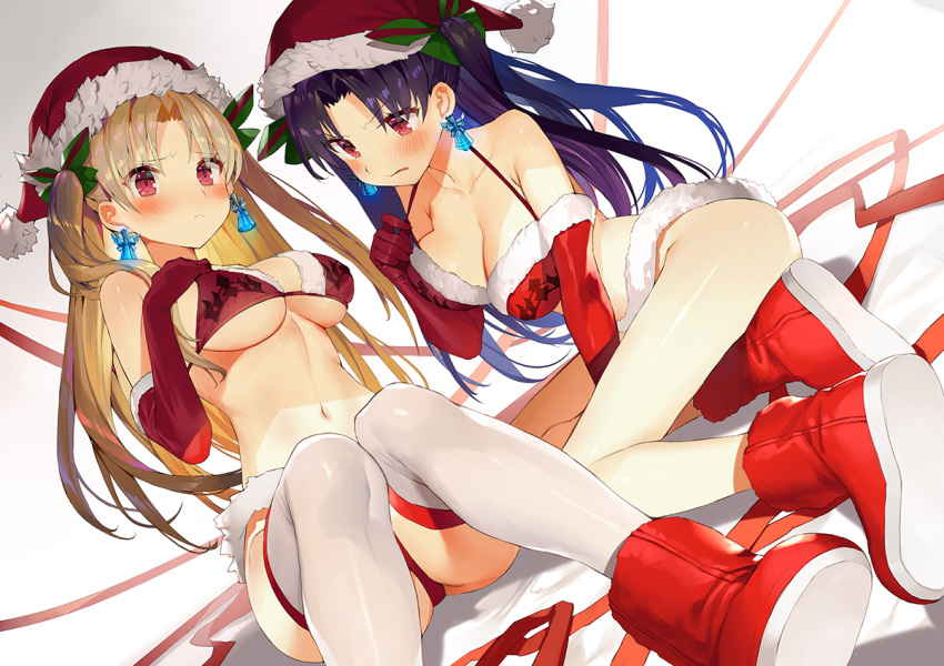 2girls arm_support armpit_crease ass bangs bare_shoulders bikini black_hair black_ribbon blonde_hair blush boots breasts christmas cleavage closed_mouth collarbone commentary_request earrings elbow_gloves embarrassed ereshkigal_(fate/grand_order) fate/grand_order fate_(series) frown fur_trim furrowed_eyebrows gloves glowing green_ribbon hair_ribbon hand_up hat ishtar_(fate/grand_order) jewelry large_breasts long_legs looking_at_viewer matsui_hiroaki medium_breasts multiple_girls navel one_side_up parted_bangs parted_lips red_bikini red_eyes red_gloves red_hat ribbon santa_boots santa_costume santa_hat sitting stomach swimsuit thighhighs thighs two_side_up v-shaped_eyebrows white_legwear