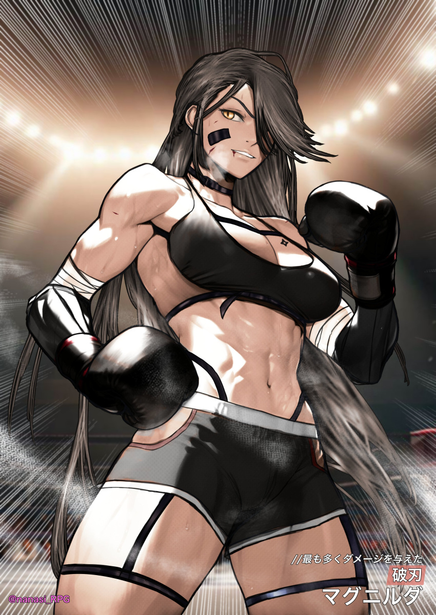 1girl absurdres bandaged_arm bandages bandaid bandaid_on_face boxing_gloves boxing_shorts breasts brown_hair cowboy_shot dark-skinned_female dark_skin girls'_frontline girls'_frontline_neural_cloud hair_over_eyes highres long_hair magnhilda_(neural_cloud) mechanical_arms meimushi muscular muscular_female navel one_eye_covered parted_lips shorts solo speed_lines twitter_username yellow_eyes