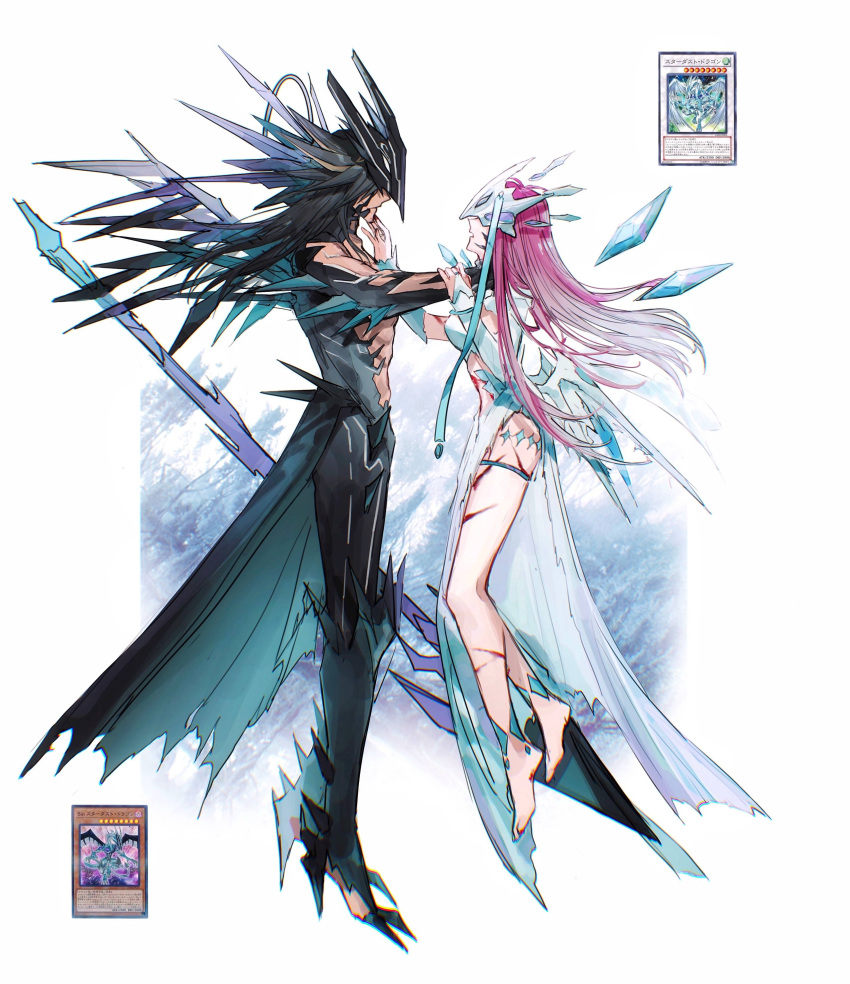 1boy 1girl absurdres alternate_costume animal_helmet barefoot black_bodysuit black_hair black_wings bodysuit card clothing_cutout cosplay covered_eyes cuts detached_sleeves dress facing_to_the_side fudou_yuusei halo hand_on_another's_chin hand_on_another's_neck helmet high_heels highres holding holding_another's_wrist holding_polearm holding_weapon injury izayoi_aki long_hair malefic_stardust_dragon naoki_(2rzmcaizerails6) open_mouth polearm purple_hair serious spear spiked_hair spikes stardust_dragon stomach_cutout strangling thigh_strap trading_card waist_cape weapon white_dress white_halo wings yu-gi-oh! yu-gi-oh!_5d's