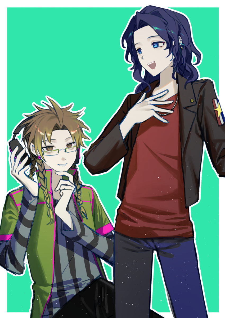 2boys ahoge black_jacket black_pants blonde_hair blue_eyes blue_hair border braid brown_eyes brown_hair chinese_commentary commentary_request cropped_jacket earclip glasses gradient_eyes green_background green_jacket grey_shirt hand_on_own_chest highres jacket jewelry kyoko_(akakikyoko) layered_sleeves light_particles long_hair long_sleeves male_focus multicolored_eyes multiple_boys necklace open_clothes open_jacket open_mouth orie_rin outline pants parted_bangs pink_trim rectangular_eyewear red_shirt saibou_shinkyoku sayo_kento shirt short_over_long_sleeves short_sleeves simple_background smile striped striped_shirt teeth upper_teeth_only vertical-striped_shirt vertical_stripes white_border white_outline