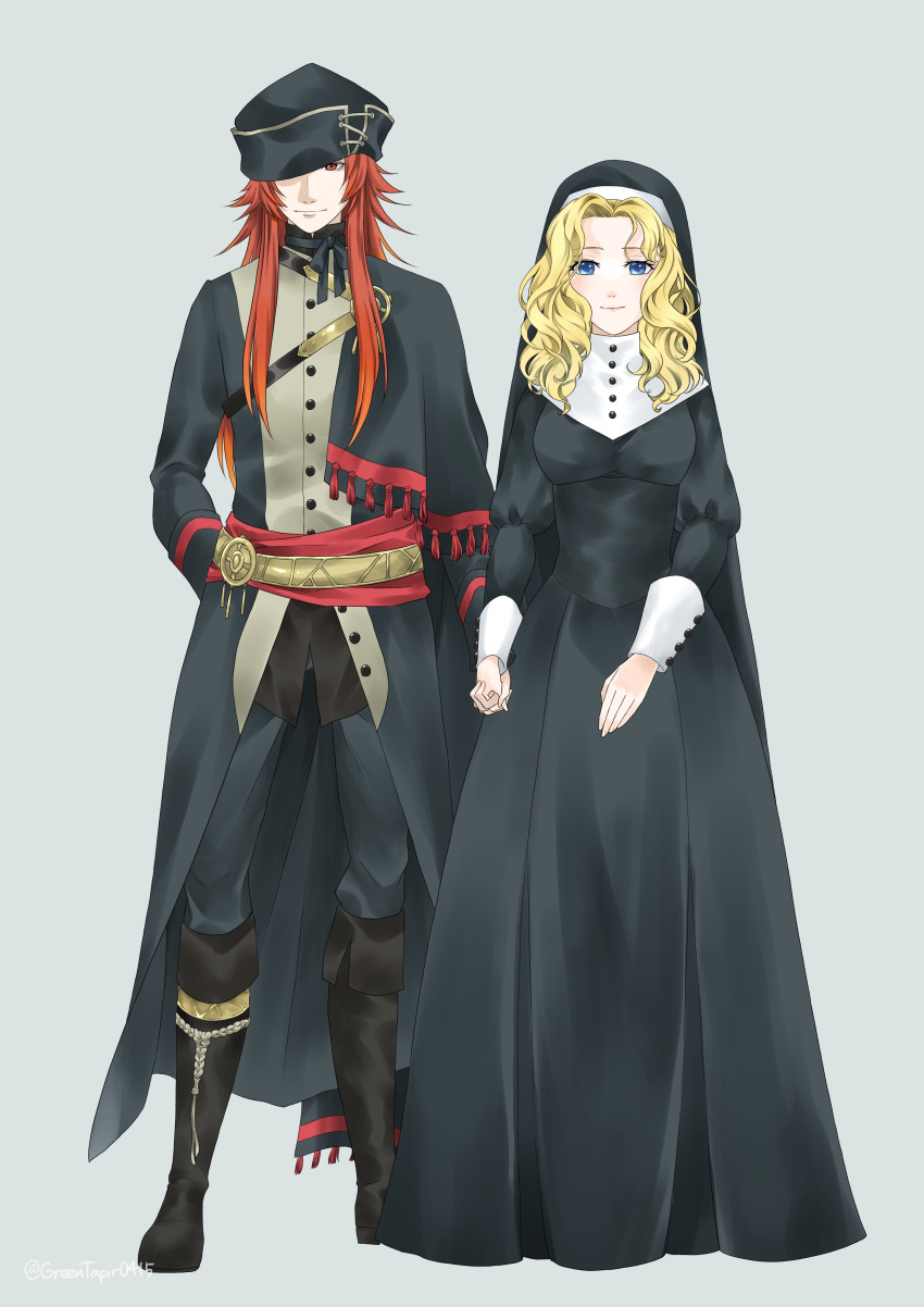 1boy 1girl absurdres alternate_costume arm_behind_back black_dress black_footwear black_headwear blonde_hair blue_eyes boots breasts closed_mouth coif commentary_request dress fire_emblem fire_emblem:_the_sacred_stones full_body habit hat highres joshua_(fire_emblem) knee_boots long_dress long_hair midori_no_baku natasha_(fire_emblem) nun one_eye_covered red_eyes red_hair simple_background smile wavy_hair white_background