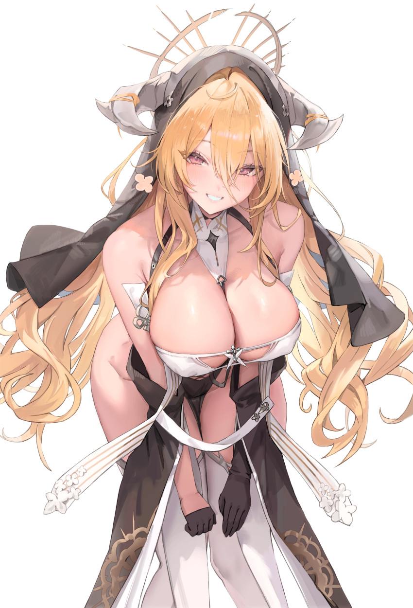 1girl absurdres azur_lane bare_shoulders between_breasts black_gloves black_headwear blonde_hair blush breast_cutout breasts cleavage covered_navel detached_sleeves double-parted_bangs fake_horns freng gloves grin habit hair_between_eyes half_gloves highres horns huge_breasts implacable_(azur_lane) leaning_forward long_bangs long_hair looking_at_viewer nun partially_unbuttoned pelvic_curtain red_eyes revealing_clothes shirt_slip smile solo thighhighs two-tone_dress veil very_long_hair white_horns white_thighhighs wide_hips