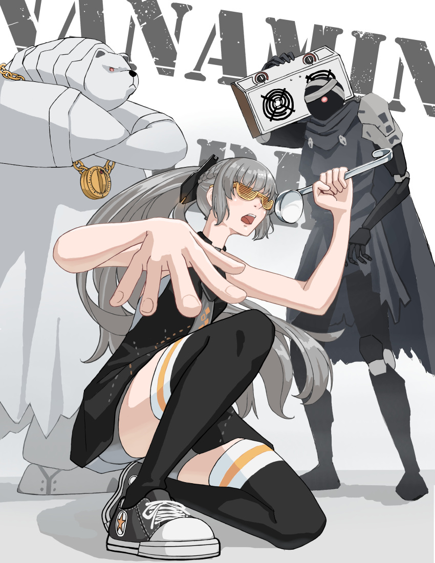 1girl 2others absurdres bandaged_head bandages bare_arms bear black_dress black_thighhighs braid character_name character_request crossed_arms dress english_commentary french_braid glasses glowing glowing_eye gold_necklace grey_hair grey_robe highres humanoid_robot jewelry joints ladle long_hair martin_(punishing:_gray_raven) multiple_others nanami:_pulse_(punishing:_gray_raven) nanami_(punishing:_gray_raven) necklace non-humanoid_robot open_mouth ponytail punishing:_gray_raven robe robot sidelocks sleeveless sleeveless_dress soup_ladle stereo teeth thighhighs trashpanda_11b upper_teeth_only very_long_hair