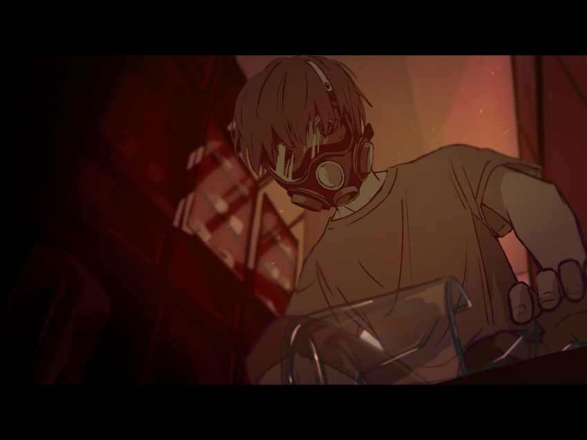1boy broken_cup brown_hair brown_shirt cabinet commentary_request covered_face cup drinking_glass from_below gas_mask hide_tani highres hino_seitarou indoors kurai_heya letterboxed looking_at_object looking_down male_focus mask orange_theme shirt short_hair solo sweatdrop t-shirt upper_body