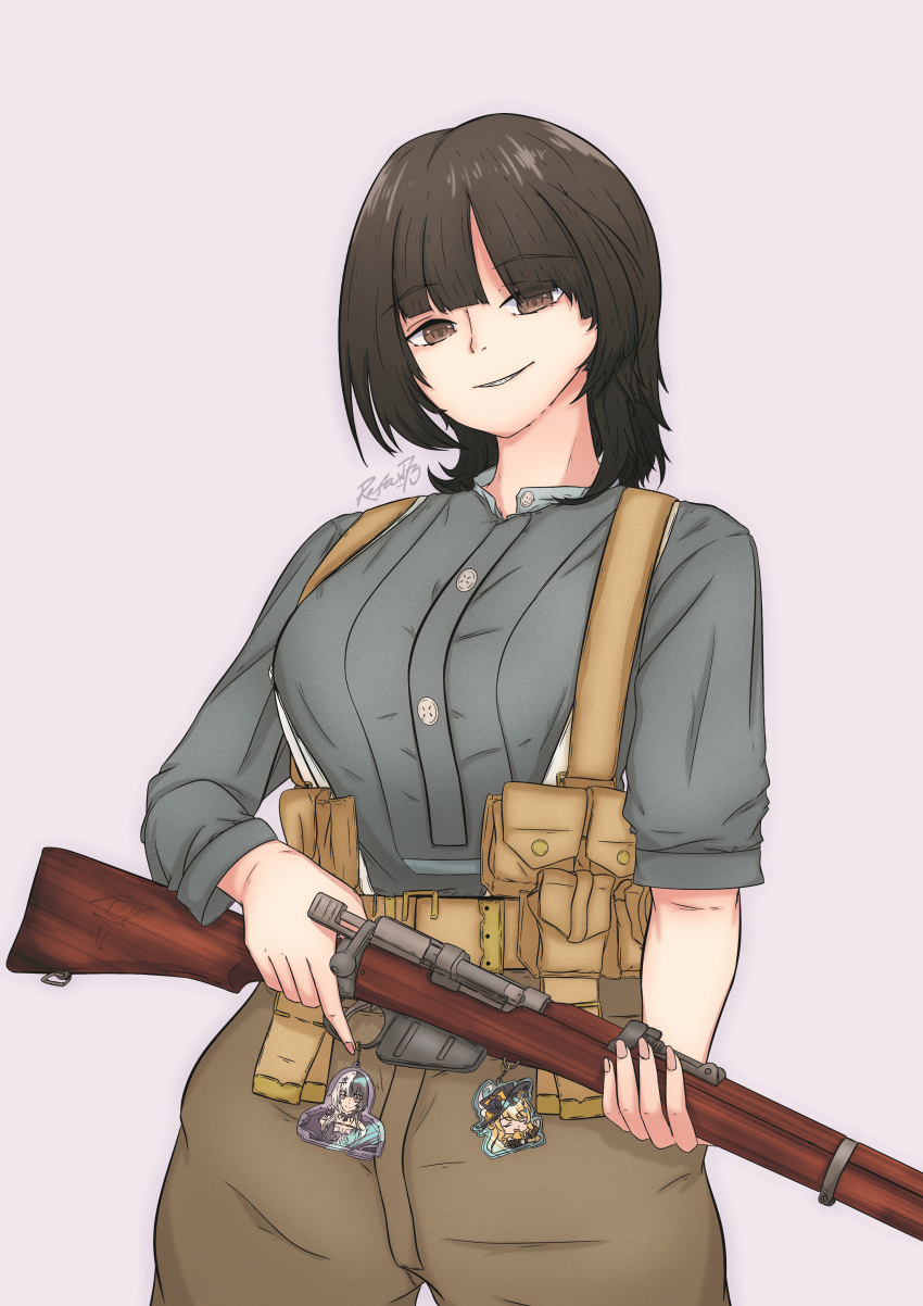 1girl absurdres bolt_action british_army brown_eyes brown_hair charm_(object) gun highres holding holding_weapon lee-enfield load_bearing_vest military military_uniform rafael_(rafa_w73) rifle smile uniform united_kingdom weapon world_war_i