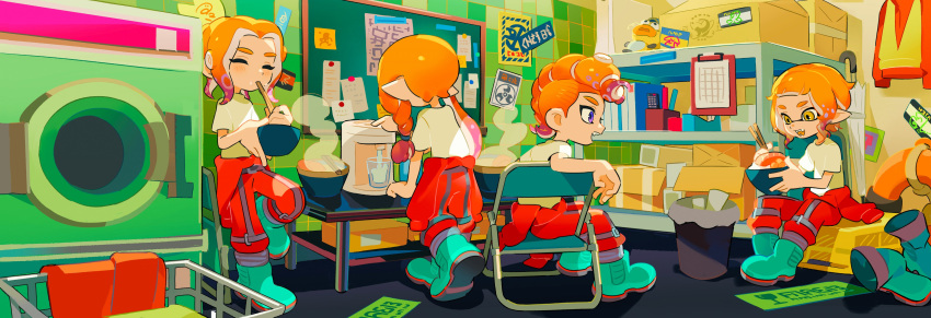 1girl 3boys absurdres boots bowl chopsticks closed_eyes commentary_request eating food full_body highres holding holding_chopsticks indoors inkling inkling_boy inkling_girl jiuniaoshan long_hair medium_hair mohawk multiple_boys noodles octoling octoling_boy on_chair orange_hair pointy_ears purple_eyes rubber_boots salmon_run_(splatoon) shirt short_hair sitting splatoon_(series) splatoon_3 standing steam tentacle_hair trash_can washing_machine white_shirt