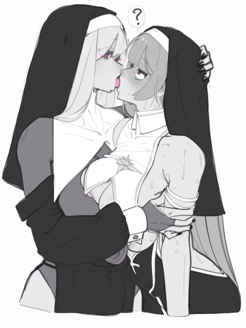 2girls ? absurdres borrowed_character breast_press breasts bridal_gauntlets forced_kiss french_kiss habit hand_on_another's_head highres hitobashira_(1746164306) huge_breasts kiss long_hair multiple_girls nail_polish nun original pink_eyes red_eyes rolling_eyes side_slit sister_virodar spoken_question_mark spot_color standing sweat torogao very_long_hair yuri