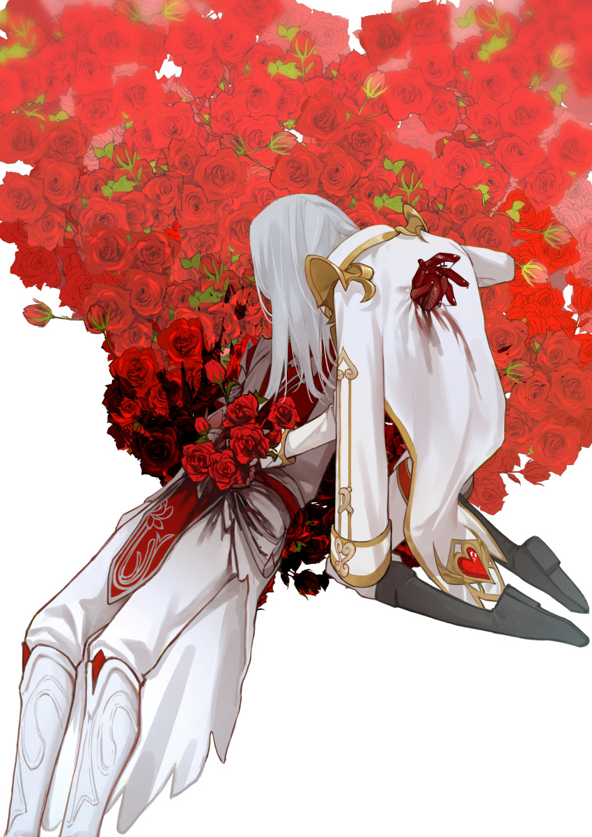 2boys absurdres boots character_request chinese_commentary coat coat_on_shoulders commentary_request flower grey_footwear guro heart heart_(organ) highres kneeling kyoko_(akakikyoko) long_sleeves male_focus multiple_boys pants red_flower red_rose rose shirt wangzhe_rongyao white_coat white_footwear white_pants white_shirt