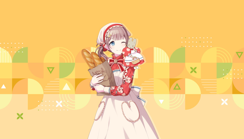 &gt;_o 1girl apple_print apron bag baguette blue_eyes blunt_bangs blush_stickers bread brooch brown_hair buttons closed_mouth colorful_palette diagonal_stripes dot_nose eyelashes food hair_ornament hair_scrunchie hairclip high_collar highres jewelry long_sleeves marroncream mochizuki_honami musical_note musical_note_hair_ornament neck_ribbon official_art one_eye_closed orange_background paper_bag project_sekai rabbit red_ribbon red_scrunchie red_shirt ribbon sanrio scrunchie shirt side_ponytail sidelocks simple_background sitting_on_shoulder size_difference smile solo striped striped_background tareme third-party_source triangle vertical_stripes white_apron yellow_background