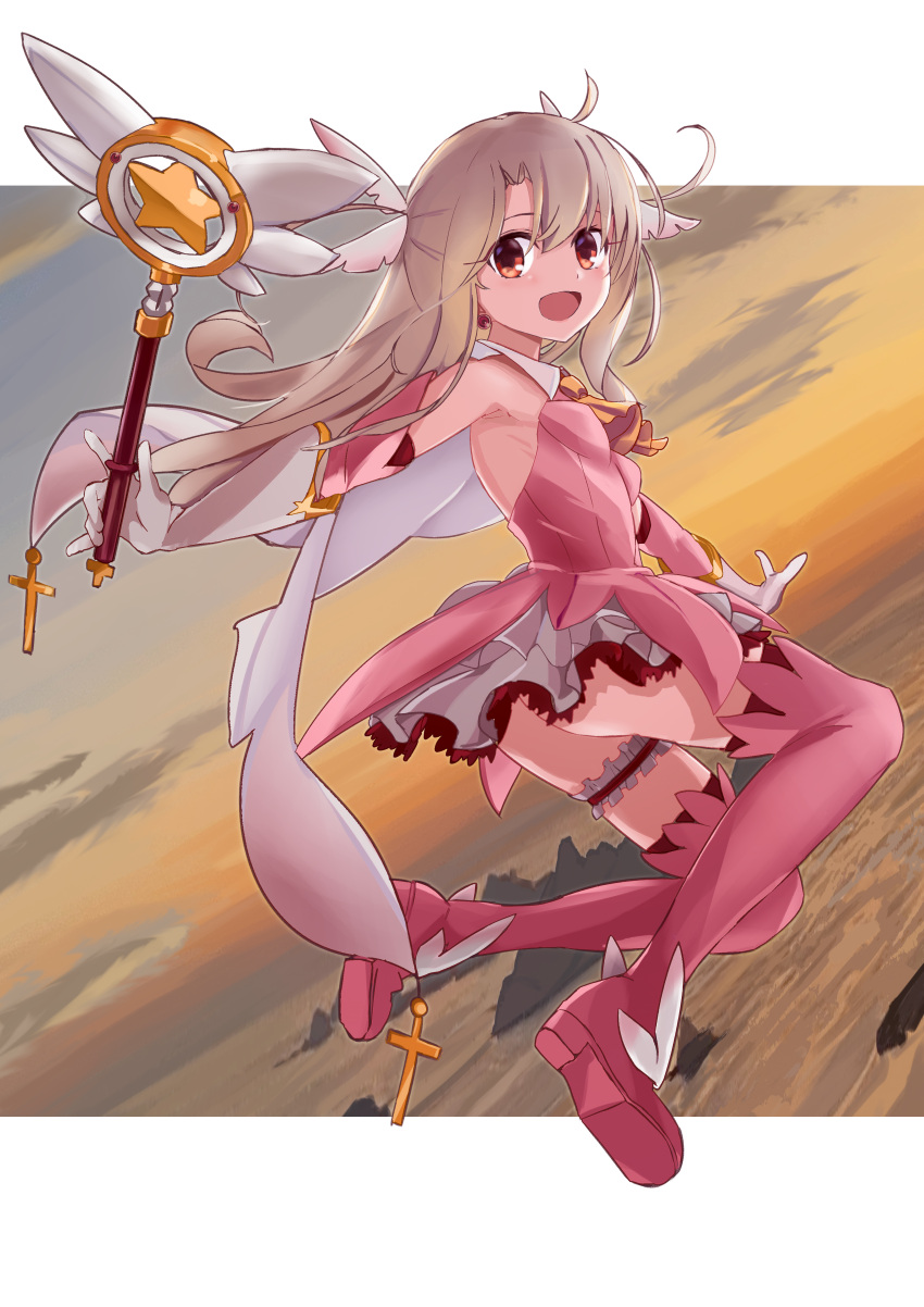 1girl absurdres armpit_peek ass bare_shoulders blonde_hair breasts cape commentary_request cross dot_nose dress eyebrows_hidden_by_hair fate/kaleid_liner_prisma_illya fate_(series) feather_hair_ornament feathers gloves hair_between_eyes hair_ornament highres holding illyasviel_von_einzbern kebab_(blackdoll) latin_cross long_hair looking_at_viewer magical_girl magical_ruby open_mouth pink_dress pink_footwear pink_thighhighs prisma_illya red_eyes shoes sleeveless sleeveless_dress small_breasts solo straight_hair thigh_strap thighhighs thighs white_gloves