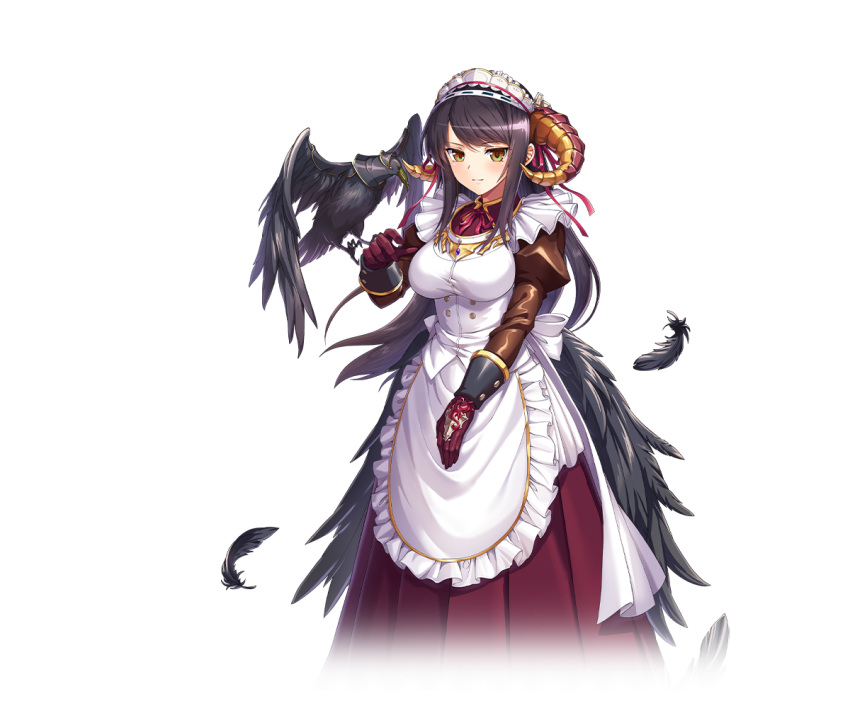 1girl amon_(kamihime_project) apron artist_request bird black_feathers black_hair black_wings bow bow_apron breasts brown_eyes brown_sleeves crow demon_horns dress falling_feathers feathered_wings feathers frilled_apron frills gloves gold_trim hand_up horns juliet_sleeves kamihime_project landing large_breasts long_hair long_sleeves looking_at_viewer maid maid_apron maid_headdress neck_ribbon official_art puffy_sleeves red_dress red_gloves red_ribbon ribbon sidelocks simple_background sleeve_cuffs solo standing transparent_background white_apron white_background white_bow wings