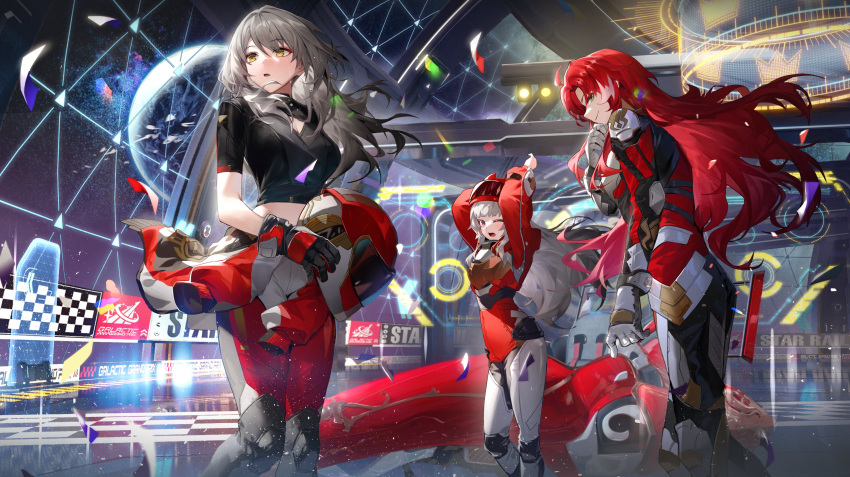 1boy 2girls absurdres argenti_(galactic_grand_prix)_(honkai:_star_tail) argenti_(honkai:_star_rail) arms_up breasts clara_(galactic_grand_prix)_(honkai:_star_rail) clara_(honkai:_star_rail) crop_top gloves green_eyes grey_hair guest_art hair_between_eyes helmet highres holding holding_helmet honkai:_star_rail honkai_(series) kawa683 long_hair multiple_girls official_alternate_costume official_art one_eye_closed parted_lips race_vehicle racing_suit red_eyes red_hair stelle_(galactic_grand_prix)_(honkai:_star_rail) stelle_(honkai:_star_rail) stretching trailblazer_(honkai:_star_rail) unworn_headwear unworn_helmet very_long_hair white_hair yawning yellow_eyes