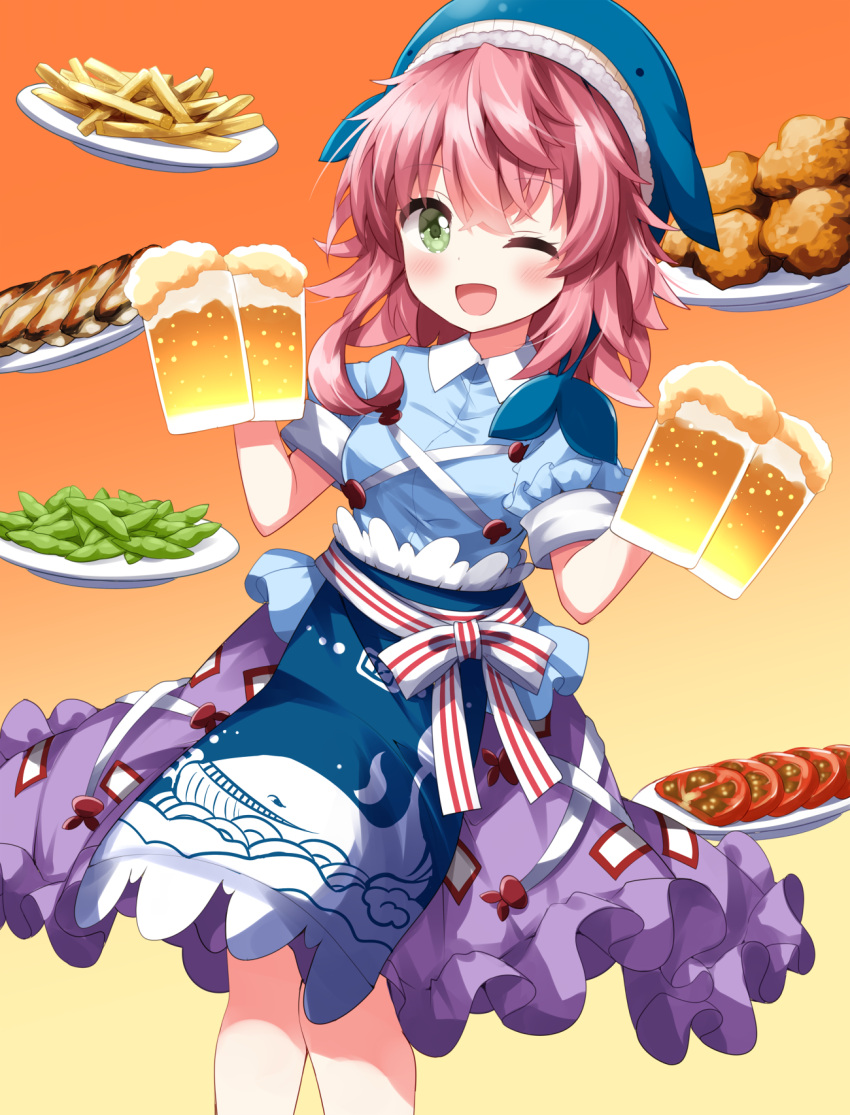 1girl ;d animal_print apron beer_mug blue_apron blue_headwear blue_shirt commentary_request cross-laced_clothes cup fish_print food french_fries frilled_skirt frills gradient_background green_eyes highres holding holding_cup looking_at_viewer medium_hair mug okunoda_miyoi one_eye_closed orange_background pink_hair purple_skirt ribs_(food) ruu_(tksymkw) shirt skirt smile solo tomato touhou whale_hat whale_print