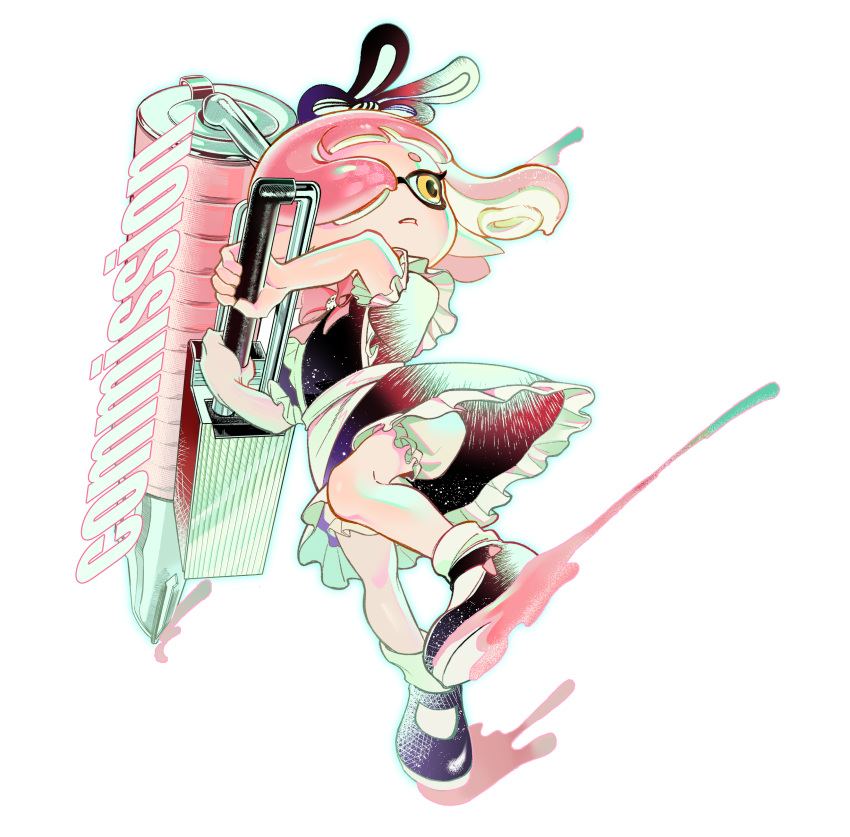 1girl absurdres black_footwear commentary_request commission dress flingza_roller_(splatoon) frilled_dress frills full_body heatinsulator highres holding holding_weapon inkling inkling_girl paint pink_hair shoes short_hair simple_background solo splatoon_(series) splatoon_3 tentacle_hair weapon white_background yellow_eyes