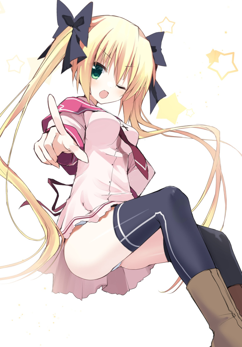 1girl blonde_hair blush breasts green_eyes highres looking_at_viewer medium_breasts misa_brigitta_cristelis one_eye_closed open_mouth panties pointing pointing_at_viewer school_uniform shoes simple_background solo takepoison thighhighs twinkle_crusaders twintails underwear white_background
