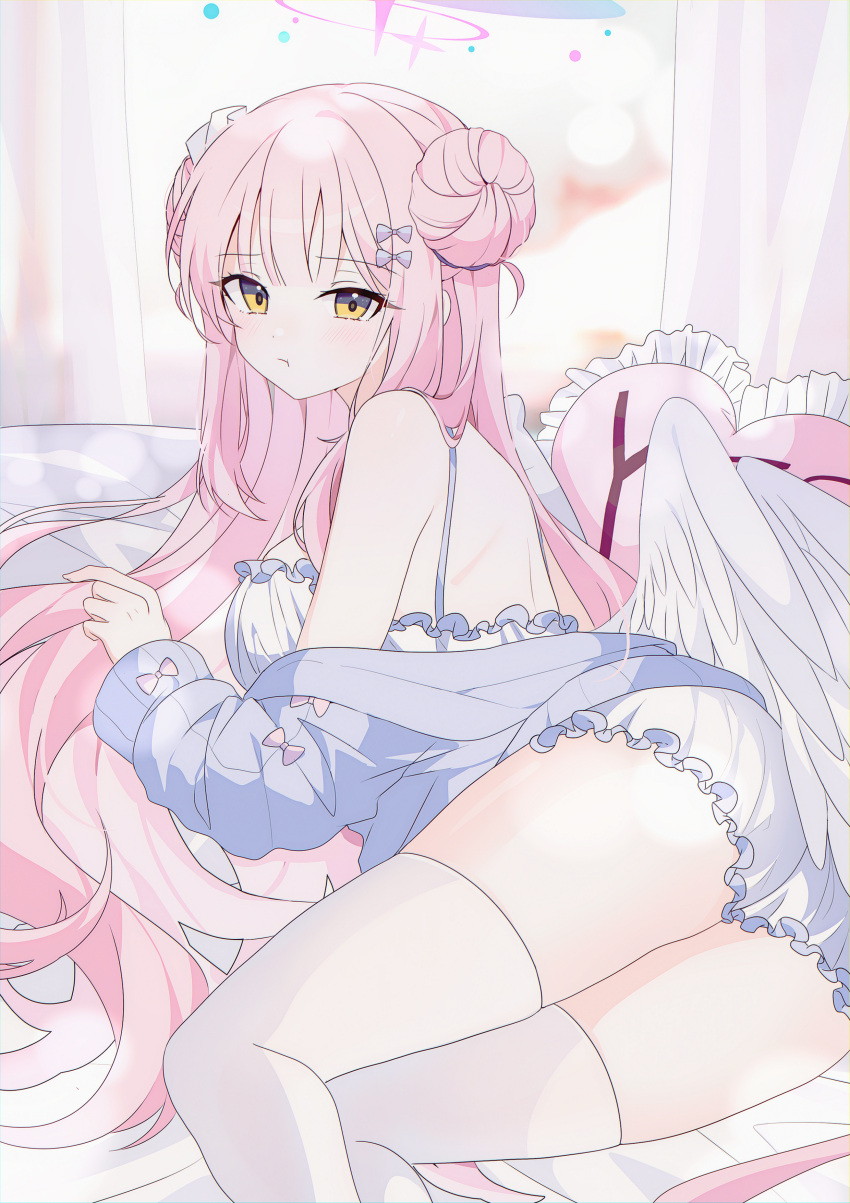 1girl absurdres angel_wings ass bloomers blue_archive blue_jacket blush bow breasts closed_mouth double_bun feathered_wings feet_out_of_frame hair_bun halo highres jacket long_hair long_sleeves looking_at_viewer medium_breasts mika_(blue_archive) pink_bow pink_hair pink_halo seno_(senohime) solo thighhighs twisted_torso white_bloomers white_thighhighs white_wings wings yellow_eyes