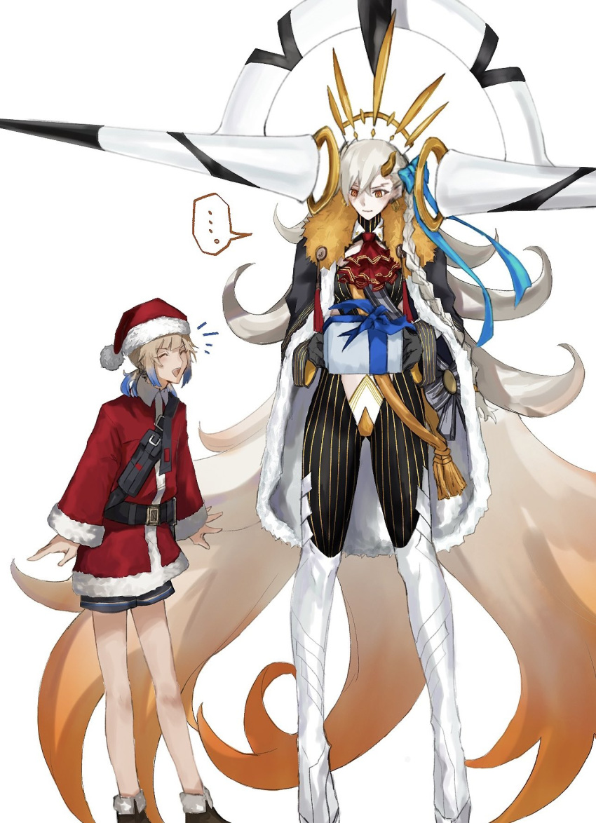 ... 1boy 1girl ascot belt belt_buckle black_belt black_cape black_gloves blue_hair bodysuit box braid brown_footwear brown_hair buckle cape christmas christmas_present closed_eyes closed_mouth commentary_request fate/grand_order fate_(series) fur-trimmed_cape fur-trimmed_headwear fur-trimmed_jacket fur-trimmed_sleeves fur_trim fuyotan gift gift_box gloves gradient_hair hair_ornament hat highres holding holding_gift horns jacket long_hair marine_nemo_(fate) medium_hair multicolored_hair nemo_(fate) olga_marie_animusphere open_mouth orange_hair red_ascot red_headwear red_jacket santa_costume santa_hat shoes side_braid simple_background single_horn smile two-tone_hair u-olga_marie very_long_hair white_background white_footwear white_hair yellow_eyes yellow_horns