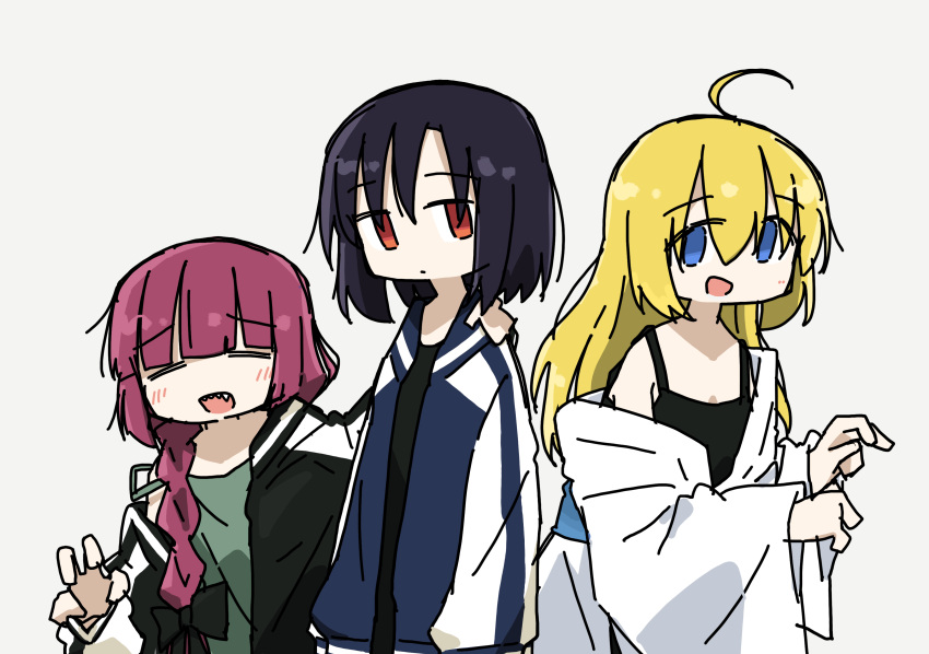 3girls :d absurdres ahoge black_bow black_hair black_jacket black_nails black_tank_top blonde_hair blue_eyes blue_jacket blunt_bangs bocchi_the_rock! bow braid dress green_dress hair_bow hair_over_shoulder highres hiroi_kikuri iwashita_shima jacket japanese_clothes kimono long_hair long_sleeves medium_dress multicolored_clothes multicolored_jacket multiple_girls open_clothes open_jacket purple_hair red_eyes sharp_teeth shimizu_eliza short_hair simple_background single_braid smile tank_top teeth tokiwa_(914) two-tone_jacket white_background white_jacket white_kimono yukata