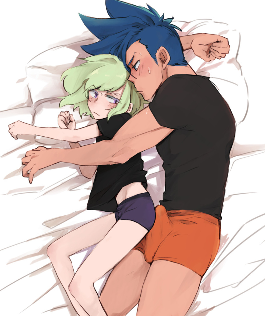 2boys aus_vaka bed black_shirt blue_eyes blue_hair blush bulge bulge_press bulge_to_ass closed_mouth couple earrings erection erection_under_clothes eye_contact feet_out_of_frame galo_thymos green_hair highres jewelry lio_fotia looking_at_another looking_back lying male_focus male_underwear mohawk multiple_boys muscular muscular_male on_side orange_male_underwear profile promare purple_eyes purple_male_underwear shirt short_hair short_hair_with_long_locks sidelocks simple_background single_earring size_difference spiked_hair sweatdrop triangle_earrings underwear white_background yaoi